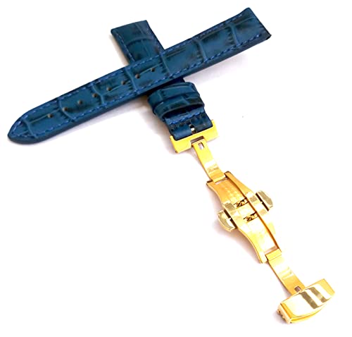 Image of 18mm 19mm 20mm 21mm 22mm 23mm 24mm Genuine Leather Butterfly Deployment Clasp Buckle Watch Band Strap Black Dark Brown TAN Blue Rose Black Gold White