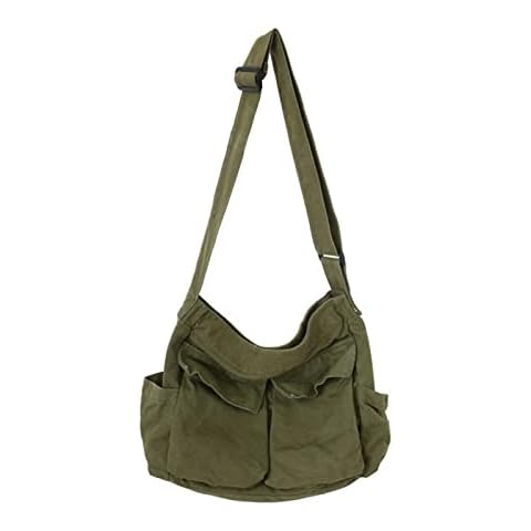 PRAGARI Canvas Messenger Bag Crossbody for Women Green Shoulder Aesthetic Laptop Tote Bag Hobo Large Cute School Travel Vintage Multiple Pockets Cover