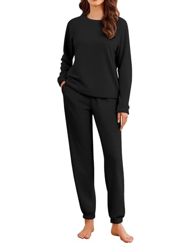 Ekouaer Womens Fleece Pajamas Sets Long Sleeve Lounge Set Jogger Sets 2 Piece Flannel Pjs Winter Sleepwear Loungewear Black Large