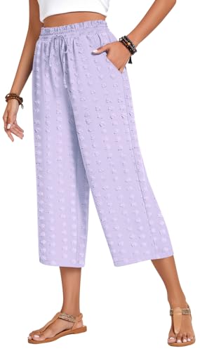 Anyhold Womens Capri Pants Loose High Waisted Wide Leg Lounge Pants Drawstring Casual Swiss Dot Palazzo Trousers with Pockets2