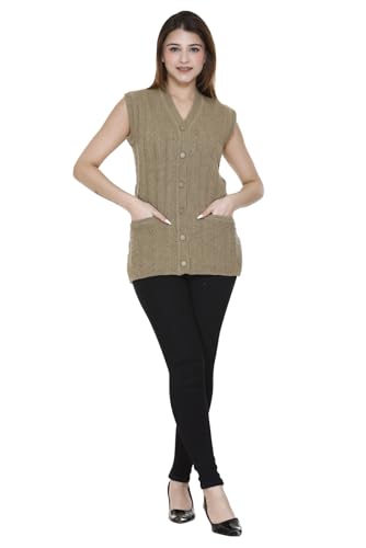 Image of aarbee Self Design Sleeveless V Neck Woollen Cardigan for Women with Front Pockets