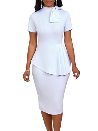 WanMem Women Formal Bodycon Peplum Cocktail Dress Short Sleeve Bow Ruffle Pencil Party Midi Dresses