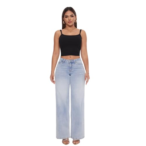 ONESO Mid-Low Rise Baggy Jeans Wide Leg for Women Distressed Pants Stretchy Bottom Lady Basic Comfortable Denim3
