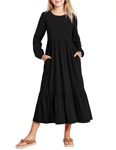 Arshiner Girls Maxi Dresses Lantern Long Sleeve Casual Holiday Dress with Pockets for 5-14 Y