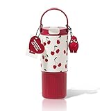24 oz Insulated Tumbler for Women with Flip Straw and Handle, Stainless Steel Water Bottle Leak Proof Thermos Portable Iced Travel Coffee Mug, Cherry