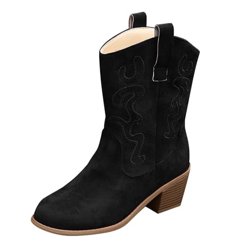 riou Botas Cowboy Camperas Altas Mujer de Tacon Ancho Invierno de Caña Alta Botas Vaqueras Mujer Elegantes Cómodas Botines Punta Redonda, Tacón Bajo Grueso Estilo Western