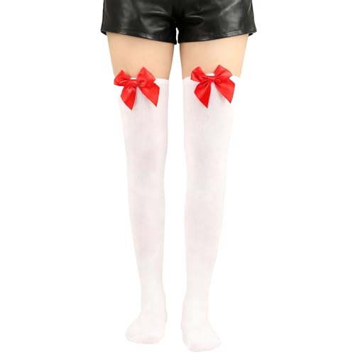 fshxj Weiße Overknee Strümpfe,Damen Kostüm Rot Schleife Mit Schneewittchen,Kniestrümpfe Overknees,Weiß Socken Ballettschleife,FüR Weihnachten...