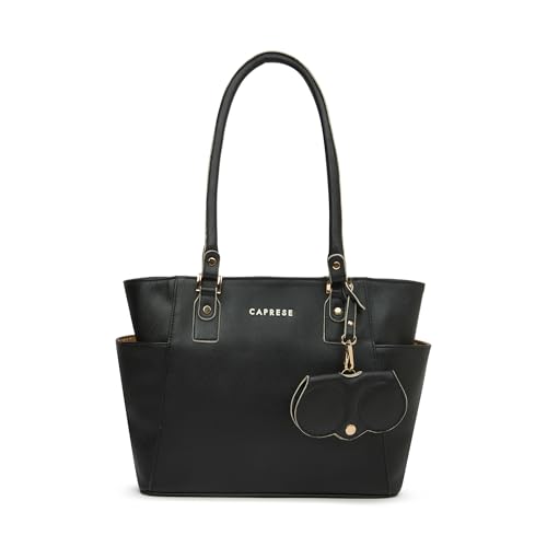 Image of Caprese Lexi Medium Tote Bag for Women | Solid Faux Leather Shoulder Handbag with Zipper Closure | External Eyewear /Sunglass Charm Case | Stylish Bag for Office & Everyday Use