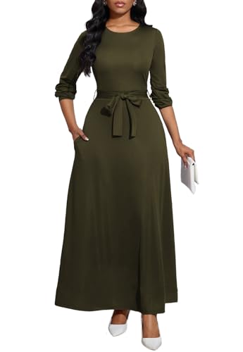 Image of BubFee Long Dress for Women Casual Long Sleeve Dresses Maxi Dress Empire Waist Loose with Belt