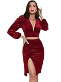 Floerns Women's 2 Piece Outfit Party Velvet Puff Sleeve Crop Top Ruched Skirt Set Burgundy L