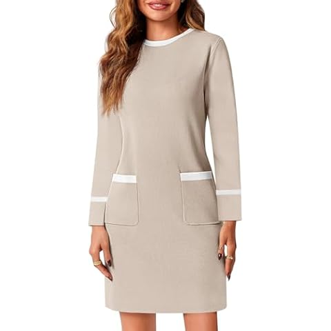 Wenrine Womens Sweater Dress Casual Contrast Color Elegant Work Business Long Sleeve Knit Fall Mini Dress Light Khaki Cover