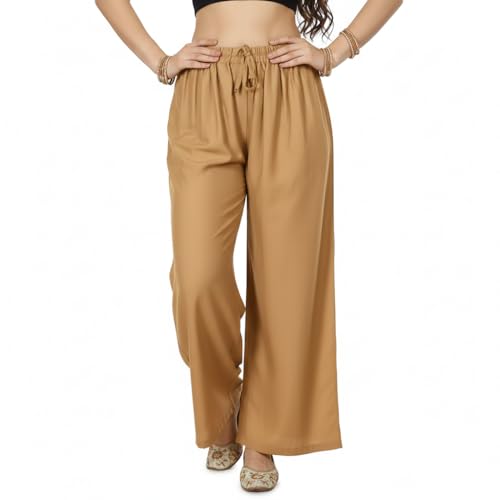 Image of Women's Rayon Palazzo Pants | Solid Color Wide Leg Trousers in 18 Shades | Elastic Waist Casual Bottoms XS-7XL | Comfortable