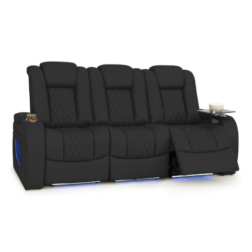 Image of Seatcraft Virtuoso LT Black Italian Leather Home Theater Seating, Zero Gravity Power Recliner, Powered Headrest and Lumbar Gaming and Home Office Chair, Heat and Massage Lounge Sofa, Row of 3 Sofa