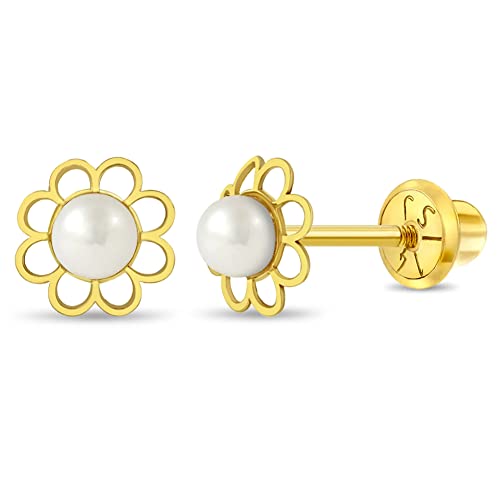 14K Yellow Gold Girl's Dainty Cultured Pearl Flower Screw Back Stud Earrings - Small Flower Screw Back Earrings For Babies, Toddlers, Young Girls #TOP13