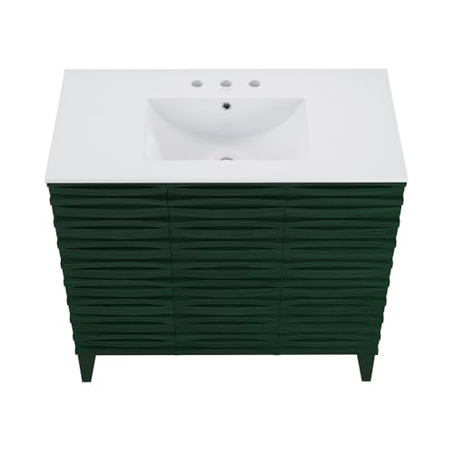 Image of Swiss Madison Cascade 36 inch Freestanding Bathroom Vanity in Green Oak with 3-Hole Widespread Sink Top