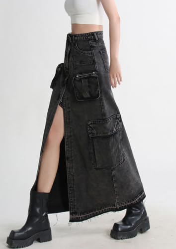 chouyatou Women's Front Split Cargo Jean Skirt Y2K High Waist Long Denim Skirt Streetwear with Pockets2