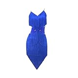 Tytyozay Vestido De Baile Latino Azul para Niñas, Traje Actuación Sin Mangas Cuello V para Mujer Elegante Vestido Fiesta Borlas Espalda Descubierta Falda Asimétrica para Tango Cha Cha Salsa,Azul,M