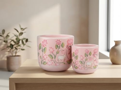 Image of Terracotta Planter Set, Pink Lotus Design, Pichwai Print Terracotta Pots with Glass Coating, 2 Piece Set for Indoor Garden and Home Decor | Table Top Decor