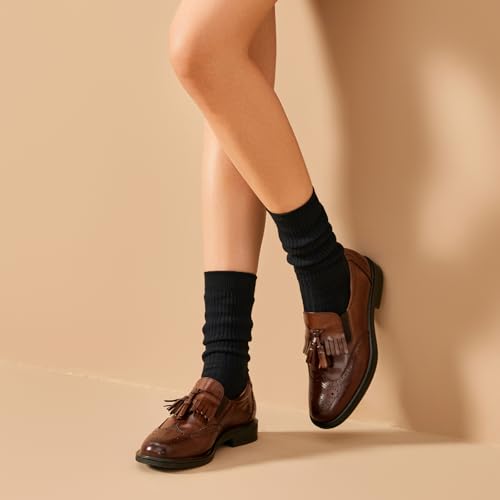 Image of BEAU TODAY Tassel Loafers for Women,Leather Brogue Dress Shoes,Wingtips Oxford for Women,Breathable Comfortable Slip-on Lace-up Handmade Flat Shoes for Business Work