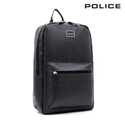 Image of Police 30L Laptop Backpack for Men & Women | Premium Grainy Texture Vegan Leather | Stylish Lightweight Travel & Office Bag | Front Utility Pocket | Black