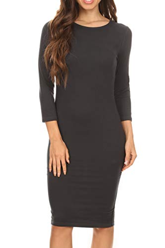 Image of ICONOFLASH Women's 3 /4 Sleeves Midi Bodycon Dress Crew Neck Fitted Dresses with Plus Size Options