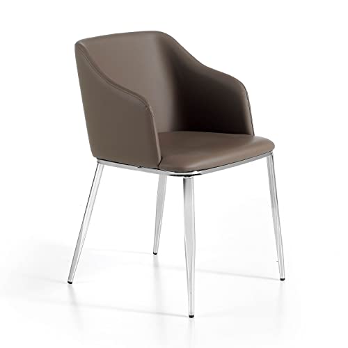 Ángel Cerdá - Silla Comedor Tapizada en Polipiel con Reposabrazos y Patas de Acero Cromado - Diseño Moderno y Atemporal - Confort y Estilo para Salones y Comedores - 51 x 56 x 79 cm