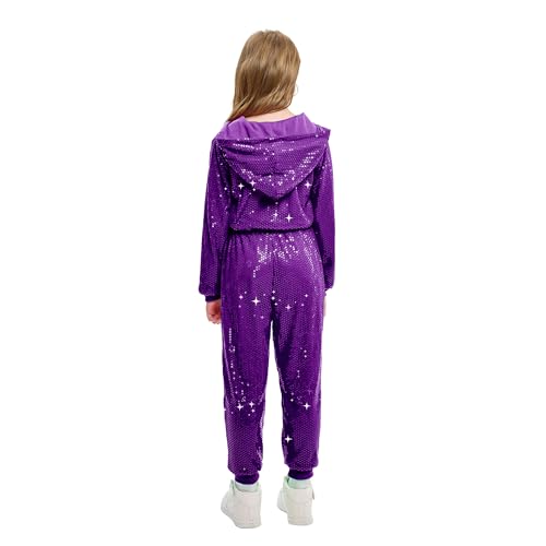 Image of LOLANTA 2Pcs Girls Dance Outfits Cropped Sequin Jacket Pants Set, Kids Hip Hop Dance Costumes for 80s 90s Party 5-15 Years