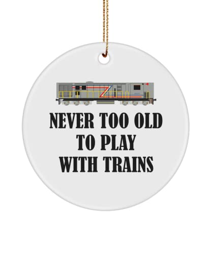 realpeoplegoods Railfan Gift - Railway Enthusiast Ornament - Railroad Engineer Present - Locomotive - Never Too Old to Play with Trains