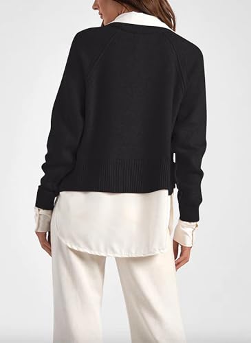 2 in 1 Patchwork Pullover Sweater for Women Knit V Neck Lapel Collar Shirt Tops 2025 Fall Winter Clothes2