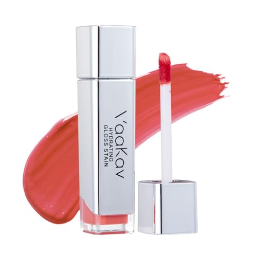 VaaKav Lip Stain Long Lasting Waterproof – Hydrating Lip Stain Oil, Glossy Lip Oil Stain, Hyaluron Tint Lip, Non-Sticky Moisturizing Lip Tint for Soft Plump Lips(02 PEACH BANG)