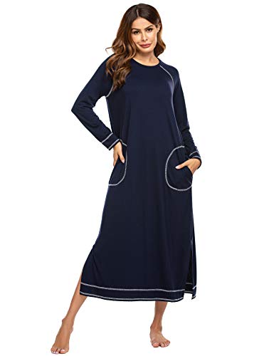 Ekouaer Nightgowns for Women Cotton Soft Long-Sleeve Long Women Sleepwear Nightdress Navy Blue