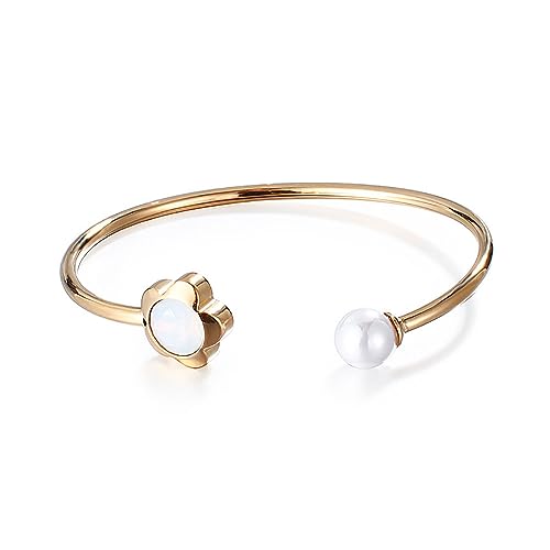 Unique 14K Gold Freshwater Pearl Open Cuff Bangle for Women, Exquisite Crystal Design, Fashion Open Bangle Bracelet, Ideal Christmas Jewelry Gift for Her