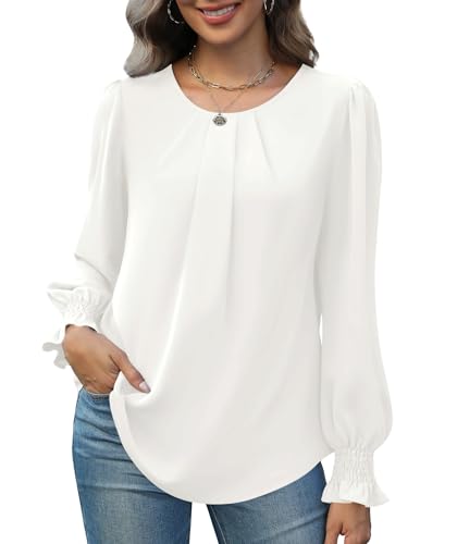 Funlingo Womens Tops Dressy Casual Smocked Long Sleeve Shirts Pleated Crew Neck Loose Chiffon Blouses Fall 2025
