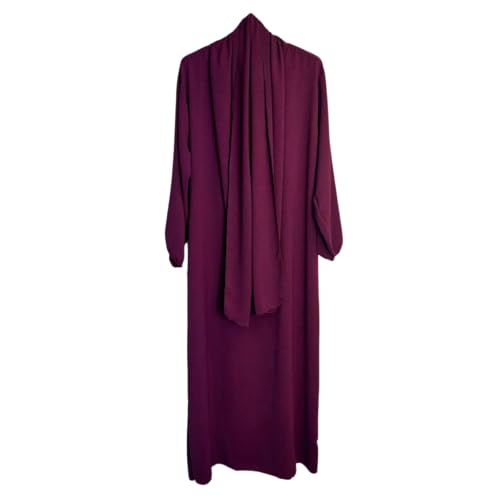 VR2 Denim Ladies Abaya with Scarf Hijab Attached Long Sleeve Modest Dress for Women Wine Colour One Size UK 8-18