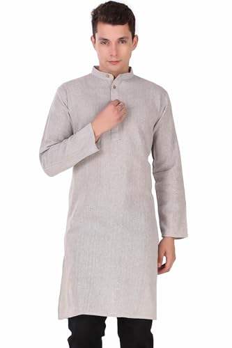 Image of Amazon Brand - Anarva Men's Handloom Cotton Solid Kurta Long Sleeves Straight Knee Length Long Shirt