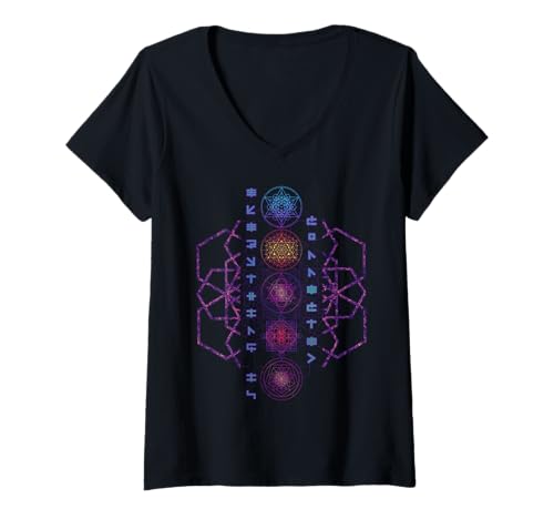 Damen Everything Is Connected Heilige Geometrie Bunt Aufwendig T-Shirt mit V-Ausschnitt
