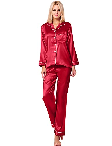 SWOMOG Pajamas Set Long Sleeve Sleepwear Womens Button Down Nightwear Soft Pj Lounge Red - Thumbnail 3