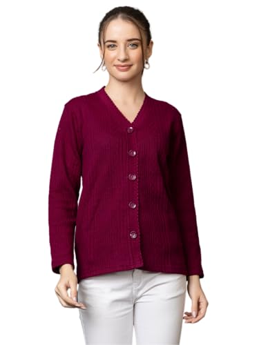 Image of Wear lusso Women's Woolen V-Neck Buttoned Full Sleeve Cardigan Self Design Soft Wool Fabric Winter Wear Pure Wool Sweater with Pockets Stylish Outdoor and Office Wear Girls