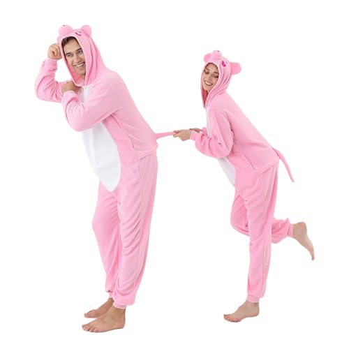 GOGOBOND Adult Onesie Pajamas Unisex Adult Pig Halloween Costumes Cosplay Fleece Animal Jumpsuit Sleepwear for Women Men (Pink Large)