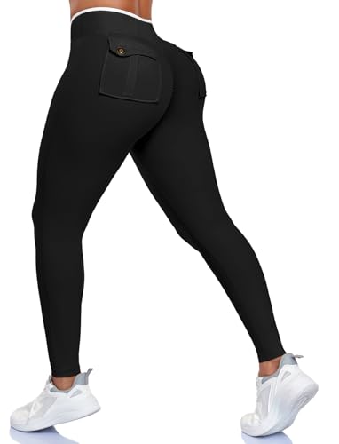 STARBILD Scrunch Bum Cargo Sport Leggings with Pockets for Women, V Waist Yoga Pants Booty Lifting for Workout Gym Fitness Jogging, Pitch Black S