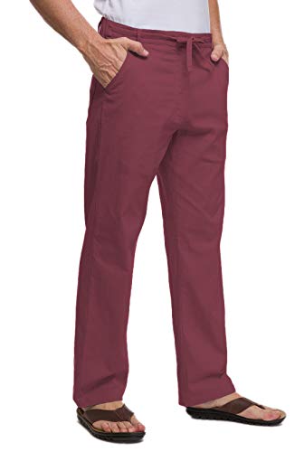 Janmid Men's Drawstring Casual Beach Trousers Linen Summer Pants Wine Red 2XL