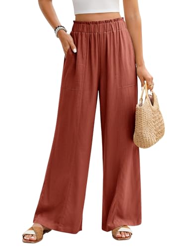 PASUDA Pantalon Femme Été Fluide Pantalons Lin Taille Haute Elastique Pantacourt Jambe Large Ample Léger Pantalon Décontractée Longueur Pants Chic et...