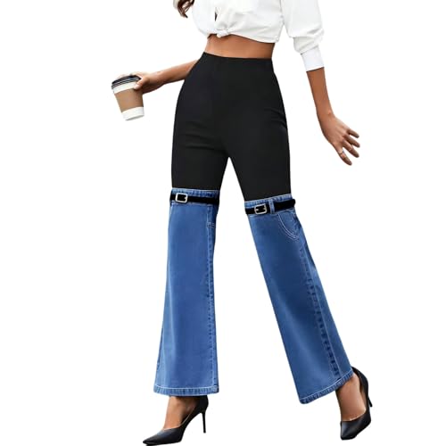 Pantalon à effet de patchwork femme à taille haute chic avec ceinture boucle élégante