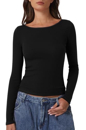 QINSEN Women's Long Sleeve T Shirts Crewneck Tight Fitted Rib Knit Y2k Casual Tee Tops