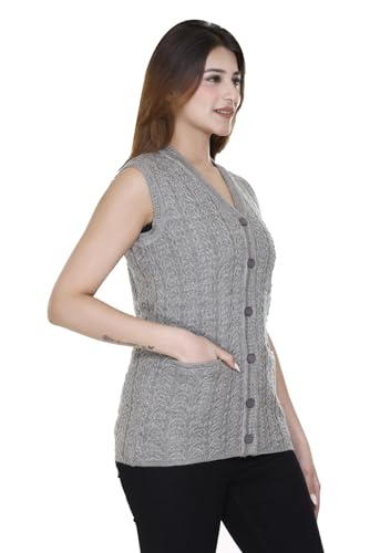 Image of aarbee Self Design Sleeveless V Neck Woollen Cardigan for Women with Front Pockets
