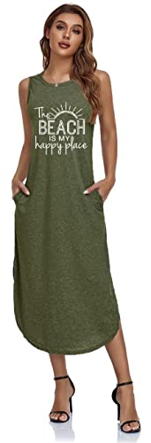 Image of Women's Casual Beach Summer Dresses Sleeveless Graphic Long Sundress Cover Up Dresses with Pocket