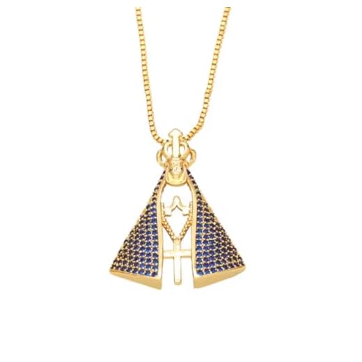 Colar de Nossa Senhora Aparecida Banhado Ouro 18K Cravejado de Zircônias Azul