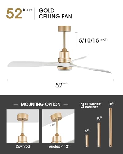 Image of 52 inch White and Gold Ceiling Fans with Lights and Remote, 3 Blades Modern Fan