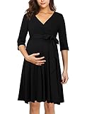 KOJOOIN Womens Maternity Dress Nursing Dresses Pregnancy Dress Breastfeeding Dress 3/4 Sleeve A-line V-Neck Dress Black-01 M