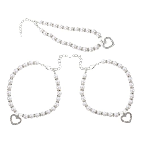 BAZEITFLOW 3 Piezas Collar Ajustable para Perro Pequeño y Gato con Perlas Falsas y Colgante de Corazón con Accesorio y Cómodo para Fiestas Bodas y Cumpleaños